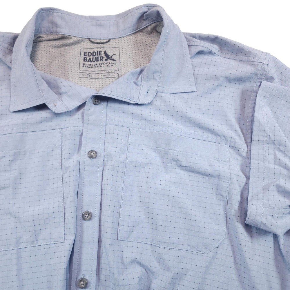 Eddie Bauer XLT Big Tall Blue Check Stretch Shirt Mens Short Sleeve Button Up